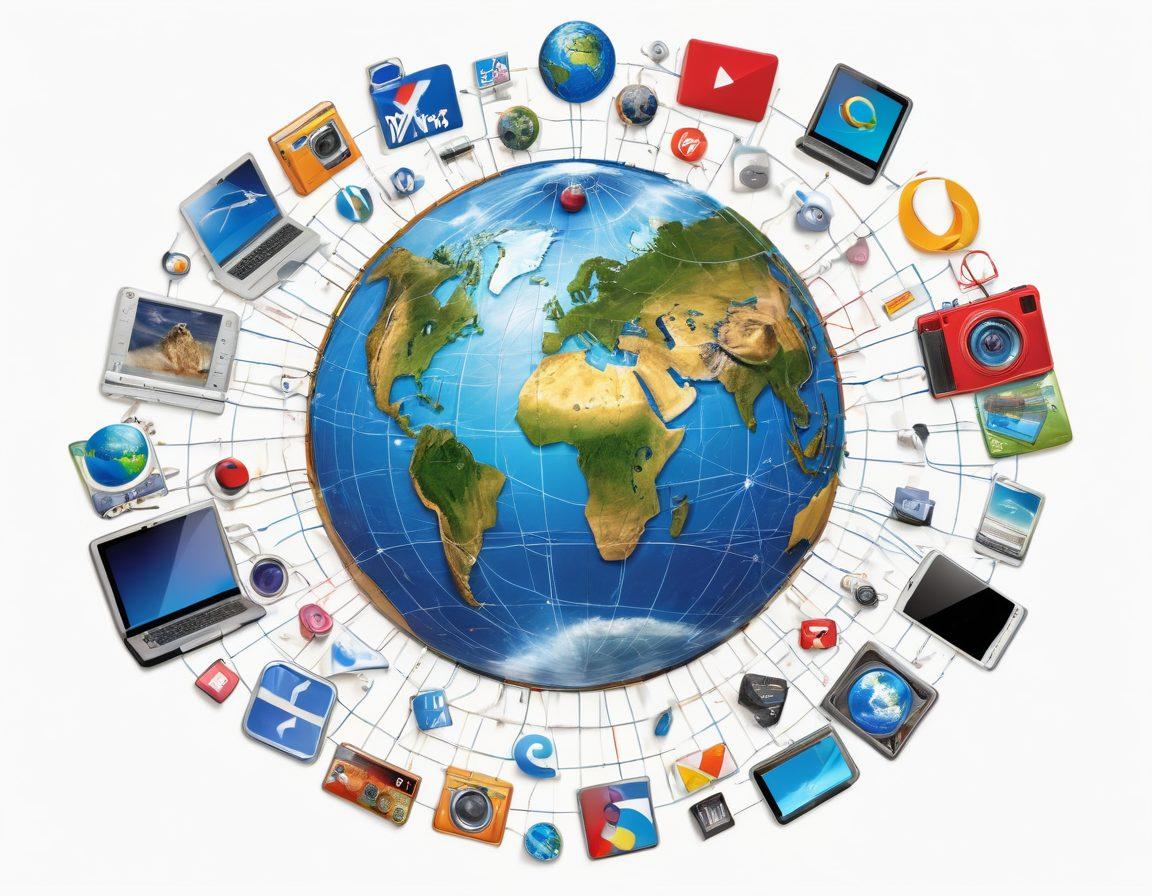 A vibrant collage showcasing historical moments in the evolution of the internet, with iconic symbols like the first web browser, social media icons, e-commerce shopping carts, and smartphones; all interconnected by a network of digital pathways. Incorporate timestamps and earth globe for global impact. super-realistic. vibrant colors. white background.