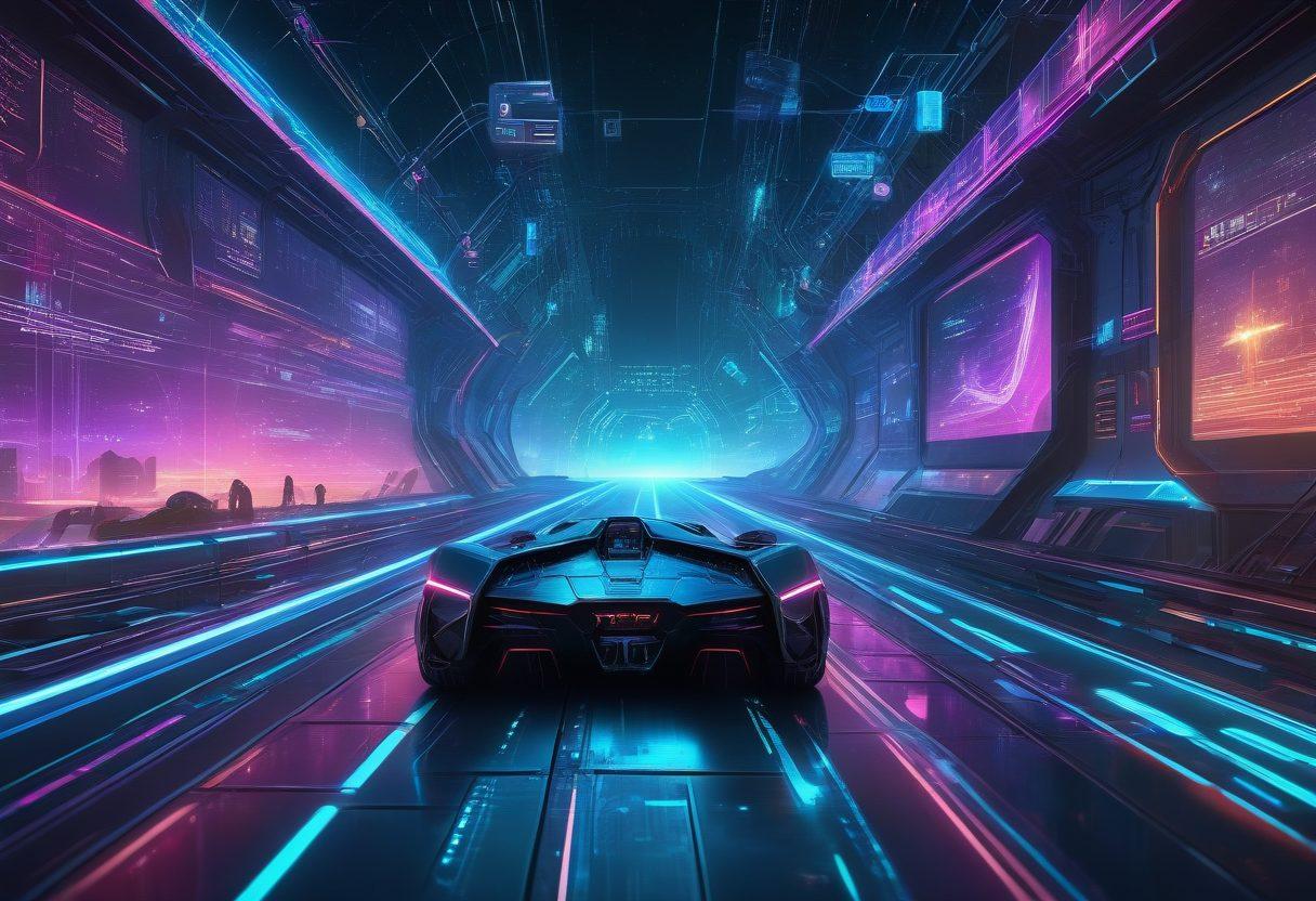 A futuristic spaceship journeying through a cyberspace landscape with glowing digital highways, holographic milestones, and chronological web history markers. The background should showcase a starry sky merging with interconnected digital networks. cyberpunk. vibrant colors. 3D.