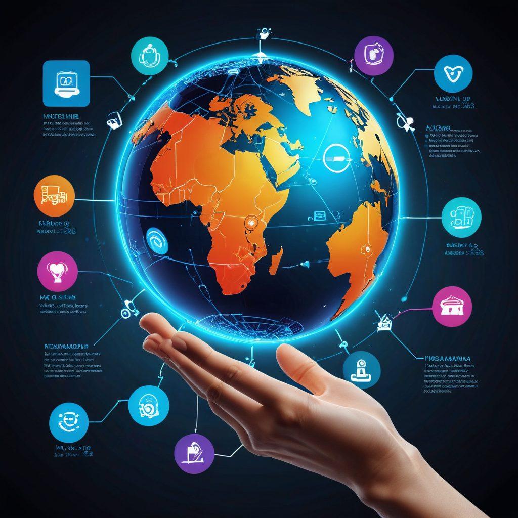 A timeline with vivid depictions of key events in the digital age including the invention of the internet, the rise of social media, the launch of the first smartphone, and modern-day AI developments. Each event should have defining icons, like a globe for the internet, a handshake for social media, a smartphone, and a robot. futuristic, detailed. vibrant colors. 3D. digital art.